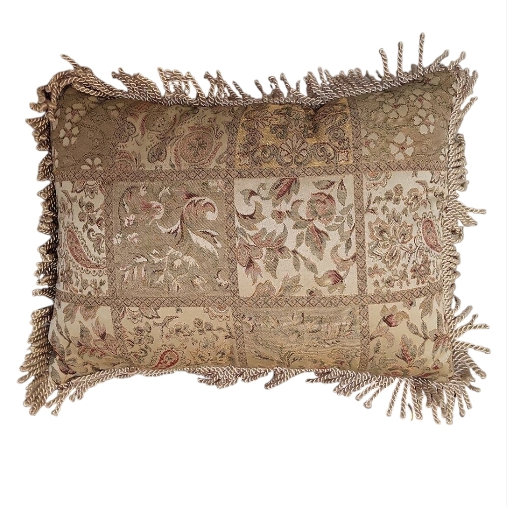 Gold Floral Paisley Transitional Decorative Throw Pillow Fringe